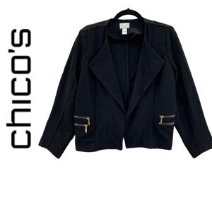 Chicos Gold Moto Zipper Texture on Smooth Black Knit Blazer